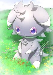 Rule 34 | 1other, animal ears, artist name, blue sky, body fur, cat ears, closed mouth, cloud, colored sclera, creatures (company), day, espurr, flower, full body, furry, game freak, gen 6 pokemon, grass, green flower, grey fur, happy, highres, looking down, mitsukuma448, nintendo, on ground, other focus, outdoors, pink flower, pokemon, pokemon (creature), purple eyes, purple sclera, red flower, signature, sitting, sky, smile, solo, two-tone fur, white fur, yellow flower