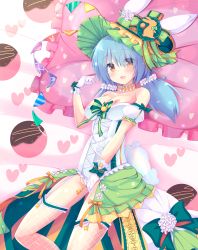 Rule 34 | 1girl, absurdres, alternate costume, bed, blue eyes, blush, breasts, covering privates, covering crotch, dress, fishnet thighhighs, fishnets, flower, flower knight girl, food, gloves, hair flower, hair ornament, hat, highres, kodemari (flower knight girl), looking at viewer, low twintails, medium breasts, naitounaitou, open mouth, pillow, ribbon, sleeveless, solo, thighhighs, twintails, yellow eyes