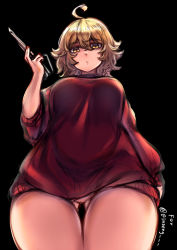 Rule 34 | 1girl, ahoge, arm at side, bags under eyes, black background, blonde hair, borrowed character, breasts, chris (ginseng), colorized, commentary, english commentary, expressionless, gluteal fold, greenopi, hair between eyes, highres, holding, holding scissors, large breasts, looking at viewer, original, red sweater, scissors, short hair, shortstack, solo, sweater, thick thighs, thigh gap, thighs, wide hips, yellow eyes