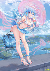 Rule 34 | 1girl, :q, armpit crease, atdan, bag, bare legs, bare shoulders, bikini, blue eyes, blue hair, blue skirt, blue theme, breasts, cleavage, closed mouth, cloud, cloudy sky, collarbone, day, fantasy, food, front-tie bikini top, front-tie top, full body, haiyi, halterneck, halterneck, hat, high heels, highres, holding, holding food, ice cream, jellyfish, leaning forward, long hair, long legs, long sleeves, looking at viewer, medium breasts, miniskirt, navel, off shoulder, open clothes, open shirt, outdoors, pleated skirt, see-through, shadow, side-tie bikini bottom, skirt, sky, smile, solo, standing, stomach, string bikini, swimsuit, synthesizer v, thighs, tongue, tongue out, white bikini