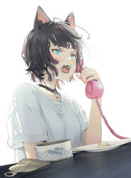 Rule 34 | 1girl, black collar, black hair, blue eyes, blush, canned fish, collar, commentary request, corded phone, fangs, feeno, hand up, highres, holding, holding phone, open mouth, original, phone, plate, shirt, short sleeves, simple background, solo, tongue, upper body, v-shaped eyebrows, white background, white shirt