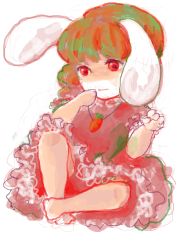 Rule 34 | 1girl, animal ears, bad id, bad pixiv id, barefoot, carrot, carrot necklace, creatures (company), dress, female focus, frilled dress, frills, game freak, gen 1 pokemon, inaba tewi, jewelry, kko, necklace, nintendo, pendant, pokemon, pokemon (creature), rabbit ears, red eyes, short hair, slowpoke, solo, touhou, aged down
