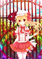 Rule 34 | 1girl, absurdres, adapted costume, arm up, bad id, bad pixiv id, blonde hair, blue sky, blurry, bow, cloud, day, depth of field, female focus, flandre scarlet, flower, frown, gate, hat, hat ribbon, highres, key, laevatein, looking at viewer, mob cap, moseley, open hand, outdoors, pointy ears, puffy short sleeves, puffy sleeves, red eyes, red flower, red rose, ribbon, rose, short hair, short sleeves, side ponytail, skirt, skirt set, sky, solo, thighhighs, touhou, wind, wings, wrist cuffs, yellow flower, yellow rose