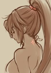 Rule 34 | 1girl, bare shoulders, breasts, brown eyes, brown hair, closed mouth, hair ribbon, high ponytail, large breasts, long hair, misono mitama, neck tattoo, nude, ponytail, ribbon, saionji reimi, simple background, solo, star ocean, star ocean the last hope, tattoo, upper body