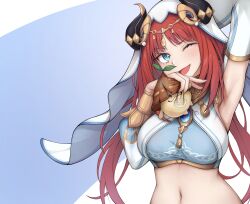 Rule 34 | 1girl, ;d, absurdres, aqua eyes, aranara (genshin impact), arm up, armpits, breasts, brooch, commentary, commentary request, crop top, fake horns, genshin impact, highres, holding, holding stuffed toy, horns, jewelry, large breasts, long hair, long sleeves, looking at viewer, midriff, navel, neck ring, nilou (genshin impact), one eye closed, open mouth, red hair, revision, smile, solo, stomach, stuffed toy, upper body, veil, very long hair, wallbacksal