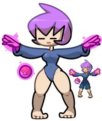 Rule 34 | 1girl, = =, ahoge, arms up, barefoot, blue leotard, breasts, closed eyes, closed mouth, covered navel, creatures (company), expressionless, female focus, floating, floating object, full body, game freak, groin, jaggy lines, leotard, long sleeves, medium breasts, multiple views, nintendo, npc trainer, outstretched arms, pigeon-toed, pixel art, poke ball, poke ball (basic), pokemon, pokemon rse, psychic (pokemon), purple hair, short hair, side hips, simple background, standing, telekinesis, vilepluff, white background