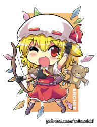 Rule 34 | 1girl, arm up, armband, arrow (projectile), belt, black gloves, blonde hair, boots, bow, claws, collarbone, colonel aki, commentary request, crystal, dress, english text, flandre scarlet, frilled dress, frills, gloves, hair between eyes, hat, looking at viewer, mob cap, one eye closed, open mouth, quiver, red dress, red eyes, red ribbon, ribbon, ribbon-trimmed headwear, ribbon trim, short hair, short sleeves, smile, solo, stuffed animal, stuffed toy, teddy bear, touhou, watermark, web address, white frills, white hat, white sleeves, wings, yellow neckwear