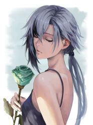 Rule 34 | 1girl, absurdres, aqua rose, arlecchino (genshin impact), bare shoulders, black hair, camisole, closed eyes, commentary, flower, genshin impact, grey hair, hair between eyes, highres, holding, holding flower, long hair, low ponytail, luxearte, multicolored hair, rose, solo, spaghetti strap, streaked hair, upper body, very long hair