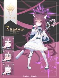 Rule 34 | 1girl, absurdres, animal ear fluff, animal ears, aqua bow, aqua bowtie, bell, belt, blank eyes, blue archive, blush, bow, bowtie, capelet, closed eyes, cross, dress, english text, expressions, eyes in shadow, fallenshadow, frilled dress, frills, hair ornament, heart, highres, indie virtual youtuber, long hair, neck bell, open mouth, pink eyes, purple hair, purple ribbon, ribbon, solo, star (symbol), striped clothes, striped thighhighs, suppressor, tea party biscuits, tearing up, thighhighs, virtual youtuber, weapon, weapon on back, white capelet, white dress, white footwear, white thighhighs, x hair ornament