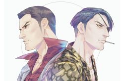 Rule 34 | 2boys, back-to-back, black hair, brown eyes, chain, cigarette, closed mouth, collared shirt, commentary, dress shirt, eyepatch, forehead, formal, gold chain, grey jacket, grey suit, holding, holding cigarette, jacket, jewelry, kiryu kazuma, looking away, majima goro, male focus, mouth hold, multiple boys, open clothes, open jacket, parted hair, popped collar, portrait, profile, red shirt, ryuu ga gotoku (series), ryuu ga gotoku 0, sega, shirt, short hair, snakeskin print, spoilers, suit, talgi, white background, yellow jacket