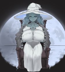 Rule 34 | 1girl, absurdres, alternate breast size, blue eyes, blue hair, blue skin, booruguru, breast hold, breasts, cape, colored skin, curvy, dress, elden ring, extra arms, extra faces, fur cape, hat, highres, huge breasts, moon, own hands together, ranni the witch, white dress, witch hat