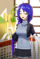 Rule 34 | 1girl, ahoge, arm up, bag, baguette, blazer, blue hair, braid, bread, cropped jacket, closed eyes, food, groceries, holding, impossible clothes, jewelry, long hair, lowres, necklace, open mouth, paper bag, pleated skirt, receipt, seunoubol, side braid, sigh, skirt, snowball22, solo, sweater, sword girls, taut clothes, turtleneck, very long hair