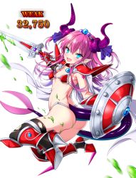 Rule 34 | 1girl, :d, armor, armored boots, ass, bad id, bad pixiv id, bikini, bikini armor, black gloves, black thighhighs, blood, bloody weapon, blue eyes, blush, boots, cape, collar, collarbone, curled horns, dragon tail, earrings, elbow gloves, elizabeth bathory (brave) (fate), elizabeth bathory (fate), fang, fate/grand order, fate (series), flat chest, gameplay mechanics, gloves, hair between eyes, holding, holding sword, holding weapon, horn ornament, horn ribbon, horns, jewelry, long hair, looking at viewer, looking to the side, motion blur, open mouth, outstretched arm, pendant, pink hair, pointy ears, purple ribbon, red armor, red bikini, red collar, red footwear, ribbon, shield, shoulder armor, shoulder tattoo, sidelocks, simple background, skindentation, smile, solo, stud earrings, swimsuit, sword, tail, tattoo, thighhighs, tiara, torn bikini, torn clothes, torn swimsuit, torn thighhighs, two side up, uchuu gorira, vambraces, weapon, white background, white cape