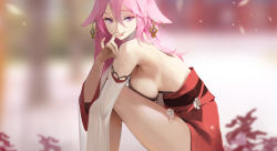 Rule 34 | 1girl, animal ears, bare legs, blurry, blurry background, breasts, closed mouth, detached sleeves, earrings, eyeshadow, feet out of frame, fox ears, fox shadow puppet, genshin impact, hair between eyes, highres, japanese clothes, jewelry, knees to chest, korean commentary, long hair, looking to the side, makeup, medium breasts, midfinger, nail polish, pink hair, pink nails, purple eyes, sideboob, sitting, smile, solo, yae miko