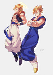 Rule 34 | 2boys, abs, blonde hair, blue eyes, blue sash, commentary request, crossed arms, dated, dougi, dragon ball, dragonball z, gogeta, grey background, halo, hands on own hips, highres, looking at viewer, looking to the side, male focus, metamoran vest, multiple boys, pants, pectoral cleavage, pectorals, sash, simple background, spiked hair, twitter username, vegetto, white pants, zero-go