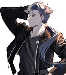 1boy black_jacket black_shirt blue_hair casual cu_chulainn_(fate) cu_chulainn_(fate/stay_night) earrings fate/stay_night fate_(series) hair_slicked_back hair_tubes hand_on_own_head highres jacket jewelry long_hair long_sleeves looking_to_the_side male_focus ponytail profile red_eyes sattari shirt single_hair_tube solo sweatdrop upper_body