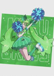 Rule 34 | 1girl, creatures (company), domidomi444, fortissimo, game freak, grass miku (project voltage), green eyes, green hair, green skirt, green socks, hair ornament, hatsune miku, highres, jumping, kneehighs, leaf hair ornament, long hair, musical note, musical note hair ornament, nintendo, one eye closed, open mouth, pokemon, pom pom (cheerleading), project voltage, sidelocks, skirt, smile, socks, twintails, very long hair, vocaloid, x hair ornament