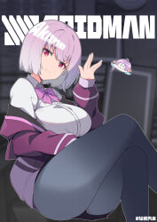 Rule 34 | 1girl, absurdres, anchorage akiko, black skirt, blurry, blurry background, bow, breasts, collared shirt, copyright name, crossed legs, dress shirt, feet out of frame, grey pantyhose, gridman universe, hand up, highres, jacket, large breasts, long sleeves, off shoulder, open clothes, open jacket, pantyhose, pink bow, pleated skirt, puffy long sleeves, puffy sleeves, purple hair, purple jacket, red eyes, shinjou akane, shirt, short hair, skirt, solo, ssss.gridman, white shirt