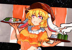 Rule 34 | 1girl, animal ears, bad id, bad pixiv id, breasts, cabbie hat, collarbone, collared shirt, dango, flat cap, floppy ears, food, hair between eyes, hat, holding, holding tray, looking at viewer, midriff, navel, open mouth, orange background, orange shirt, qqqrinkappp, rabbit ears, ringo (touhou), shirt, short sleeves, small breasts, solo, touhou, traditional media, tray, wagashi