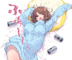 Rule 34 | 1girl, arms up, beer can, blue sweater, breasts, brown hair, can, commentary request, cowboy shot, drink can, hamayumiba sou, hanayamata, head on pillow, highres, large breasts, long sleeves, looking at viewer, lying, no pants, on back, on bed, one eye closed, open mouth, orange eyes, shadow, solo, squeans, sweater, tokiwa sari, translation request, waking up, white background, yawning