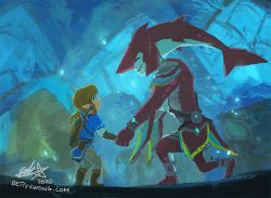 Rule 34 | 2boys, belt, bettykwong, blonde hair, blue shirt, boots, colored skin, grin, holding hands, kneeling, link, looking at another, male focus, multiple boys, nintendo, pointy ears, red skin, shield, shield on back, shirt, sidon, smile, standing, the legend of zelda, the legend of zelda: breath of the wild, watermark, web address, zora