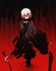 Rule 34 | 1girl, absurdres, bandaged arm, bandages, black cape, blood, bygddd5, cape, closed mouth, commentary, expressionless, facial scar, fate/apocrypha, fate (series), full body, green eyes, highres, jack the ripper (fate/apocrypha), knife, looking at viewer, red theme, scar, scar across eye, scar on cheek, scar on face, short hair, silver hair, solo, standing, torn cape, torn clothes, walking, walking on liquid