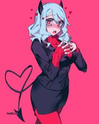 Rule 34 | 1girl, artist name, black jacket, black skirt, black suit, blush, breasts, buttoned cuffs, buttons, commentary, demon horns, demon tail, english commentary, fingers together, formal, hair between eyes, heart, heart-shaped pupils, heart tail, helltaker, highres, horns, jacket, long sleeves, looking at viewer, medium breasts, medium hair, miniskirt, modeus (helltaker), open mouth, pantyhose, par0llel, pencil skirt, pink background, red eyes, red pantyhose, ribbed sweater, silver hair, simple background, skirt, skirt suit, solo, suit, sweater, symbol-shaped pupils, tail, turtleneck, turtleneck sweater