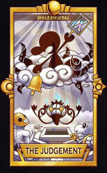 Rule 34 | bell, black border, blue fire, border, chandelure, cloud, cloudy sky, commentary, creatures (company), crescent, dry bones, english commentary, english text, fire, game &amp; watch, game freak, gen 5 pokemon, holding, holding bell, holding sign, judgement (tarot), light rays, limited palette, mario (series), mask, mountainous horizon, mr. game &amp; watch, nintendo, no humans, ocean, open mouth, pokemon, pokemon (creature), quas-quas, redead, roman numeral, sign, skeleton, sky, smash ball, star (symbol), sunlight, super smash bros., tarot, tentacles, the legend of zelda