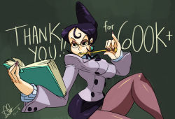 Rule 34 | 1girl, alex ahad, black hair, black lips, book, breasts, buttons, chalkboard, earrings, eyeshadow, glasses, jacket, jewelry, large breasts, lipstick, long hair, makeup, miniskirt, mole, mrs. victoria (skullgirls), nail polish, open book, pantyhose, parted bangs, pencil skirt, pinky out, pointer, sitting, skirt, skullgirls, teacher, thank you, updo