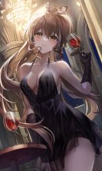 Rule 34 | 1girl, absurdres, alcohol, ballroom, bare legs, bare shoulders, black dress, black gloves, breasts, brown hair, chandelier, cocktail dress, collarbone, cup, dress, drinking glass, elbow gloves, gloves, hair between eyes, hare (hare 1730), highres, hololive, hololive english, indoors, long hair, looking at viewer, medium breasts, nanashi mumei, pillar, revealing clothes, see-through, sideboob, smile, standing, straight hair, table, thighs, very long hair, virtual youtuber, wine, wine glass