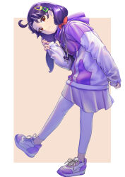Rule 34 | 1girl, ahoge, border, bow, brown eyes, closed mouth, hair bow, hair ornament, hairclip, highres, hood, hood down, hooded cardigan, leaning forward, long hair, long sleeves, low twintails, miniskirt, pants, pants under skirt, pink background, precure, purple hair, purple skirt, red bow, shoes, shrimp1634, skirt, sleeves past wrists, smile, sneakers, solo, standing, suzumura sango, tropical-rouge! precure, twintails, white border, white pants