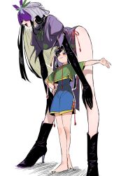 Rule 34 | 2girls, ass, black gloves, black hair, blue shorts, boots, breasts, china dress, chinese clothes, dress, frogsnake, giant, gloves, hair ornament, height difference, horns, large breasts, legs, long hair, multiple girls, nippaku zanmu, no shoes, oni, oni horns, purple dress, purple headwear, shorts, size difference, smile, smiley face, string, string of fate, tall female, touhou, unfinished dream of all living ghost, very long hair, yomotsu hisami