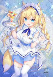 Rule 34 | 1girl, :d, ameto yuki, animal ears, apron, blonde hair, blue eyes, blue skirt, braid, breasts, cleavage, cleavage cutout, clothing cutout, commentary request, constellation, feet out of frame, fox ears, fox girl, fox tail, garter straps, hair ribbon, hands up, holding, holding tray, long hair, medium breasts, open mouth, original, parfait, puffy short sleeves, puffy sleeves, ribbon, shirt, short sleeves, shoulder cutout, skirt, smile, solo, spoon, star (symbol), tail, thighhighs, tray, twin braids, twintails, very long hair, waist apron, waitress, white apron, white ribbon, white shirt, white thighhighs, wrist cuffs