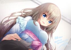 Rule 34 | 1girl, 9-nine-, absurdres, amatsuji, blue dress, blue eyes, blush, breasts, brown hair, commission, dating, dress, eyebrows hidden by hair, eyelashes, fingernails, hair between eyes, hair ornament, hair over breasts, hand on another&#039;s head, happy, highres, kujou miyako, lap pillow, large breasts, long hair, looking down, open mouth, pink ribbon, ribbon, sidelocks, sitting, skeb commission, smile, solo, sparks, sunlight, very long hair, watermark, wavy hair