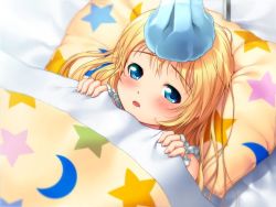 Rule 34 | 1girl, bed, blonde hair, blue eyes, blush, face, fingernails, ice, looking at viewer, lying, nitroplus, on back, on bed, pillow, sick, solo, sumaga, under covers