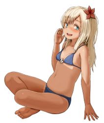 Rule 34 | 10s, 1girl, :d, barefoot, bikini, blonde hair, blue bikini, blue eyes, breasts, cleavage, feet, flower, full body, hair flower, hair ornament, highres, kantai collection, long hair, navel, open mouth, ro-500 (kancolle), satsuki neko, small breasts, smile, soles, solo, swimsuit, tan, tanline, toes, transparent background