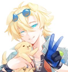 1boy :3 ahoge animal animal_ears animal_hands arknights black_gloves black_shirt blonde_hair blue-tinted_eyewear blue_eyes blue_gloves blue_jacket bracelet collarbone dog dog_boy dog_ears dog_nose dog_tail ear_piercing earrings eyewear_on_head gloves hair_between_eyes hand_up highres holding holding_animal jacket jewelry male_focus one_eye_closed open_clothes open_jacket piercing ring shirt single_glove smile sunglasses tail teeth tequila_(arknights) tequila_(top_tier_live)_(arknights) thick_eyebrows tinted_eyewear tongue tongue_out white_background white_string zuomeng030