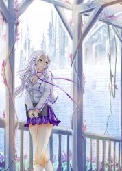 Rule 34 | 1girl, blue eyes, city, day, fantasy, flower, highres, long hair, nonoririn, original, plant, science fiction, sky, solo, tower, vines, wall, white hair