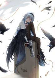 Rule 34 | 1girl, absurdres, ammunition pouch, bad id, bad pixiv id, bird, black gloves, black hairband, black jacket, black pantyhose, black skirt, closed mouth, collared shirt, crow, feathers, full body, girls&#039; frontline, gloves, gun, hair between eyes, hairband, half-closed eyes, hand to neck, handgun, head on knee, head tilt, highres, holding, holding gun, holding weapon, jacket, knee up, long hair, long sleeves, looking down, muzzle device, neck ribbon, neck stitches, no shoes, pantyhose, pistol, pouch, prototype design, red eyes, red ribbon, ribbon, rifle-caliber handgun, rifle-caliber pistol, scar, scar on neck, selcky, shirt, sidelocks, signature, silver hair, sitting, skirt, solo, stitched neck, stitches, thunder (girls&#039; frontline), trigger discipline, triple action, triple action thunder, very long hair, weapon, white shirt, wind, wind lift