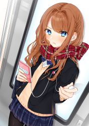 Rule 34 | 1girl, :&lt;, absurdres, black jacket, black pantyhose, blue bow, blue eyes, blue skirt, blush, bow, brown hair, cellphone, closed mouth, earbuds, earphones, etto eat, highres, holding, holding phone, jacket, long hair, original, pantyhose, phone, pout, red scarf, scarf, school uniform, skirt, smartphone, solo, train interior