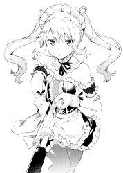 Rule 34 | 1girl, apron, armband, beretta 92, detached collar, dress, frilled dress, frills, gloves, greyscale, gun, handgun, highres, holding, looking at viewer, maid, maid apron, maid headdress, monochrome, original, pantyhose, parted lips, short dress, simple background, solo, standing, takano itsuki, twintails, waist apron, weapon, white background