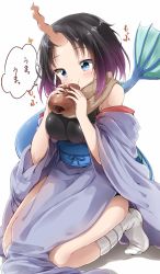 Rule 34 | 10s, 1girl, black hair, blue eyes, breasts, chocolate cornet, commentary request, detached sleeves, dragon girl, dragon tail, eating, elma (maidragon), food, gradient hair, highres, holding, horns, japanese clothes, kobayashi-san chi no maidragon, large breasts, multicolored hair, obi, pentagon (railgun ky1206), sash, seiza, short hair, simple background, single horn, sitting, solo, sparkle, speech bubble, tail, translated, white background, white legwear, wide sleeves