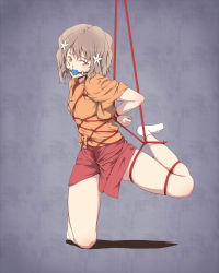 10s 1girl ball_gag bdsm blush bondage bound brown_eyes brown_hair crotch_rope female_focus flower gag gagged hair_flower hair_ornament hanasaku_iroha highres japanese_clothes matsumae_ohana sakuraba_tsukasa saliva shibari short_hair solo suspension