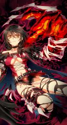 Rule 34 | 1girl, absurdly long hair, armor, bandaged arm, bandages, bare shoulders, belt, black hair, boots, braid, breasts, chain, choker, cleavage, coat, hair between eyes, highres, long hair, navel, short shorts, shorts, solo, stomach, tales of (series), tales of berseria, torn clothes, underboob, velvet crowe, very long hair, yellow eyes