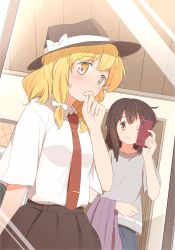 Rule 34 | 2girls, ;), black hat, blonde hair, blush, bow, brown eyes, brown hair, brown skirt, cellphone, closed mouth, collared shirt, commentary request, cosplay, finger to mouth, grey shirt, hair bow, hand up, hat, hat bow, highres, holding, holding phone, indoors, looking at viewer, maribel hearn, mirror, multiple girls, necktie, one eye closed, phone, red necktie, reflection, shirt, short hair, short sleeves, sidelocks, skirt, smartphone, smile, sweat, touhou, unagi sango, usami renko, usami renko (cosplay), white bow, white shirt, yellow eyes