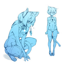 Rule 34 | 1girl, animal ears, bell, blue theme, cat ears, cat girl, cat tail, closed mouth, collar, detached sleeves, expressionless, female focus, fish bone, full body, hair between eyes, highleg, highleg leotard, legs apart, leotard, looking at viewer, looking to the side, monochrome, multiple views, neck bell, original, sasaoka gungu, short hair, simple background, sketch, squatting, standing, tail, thighhighs, white background