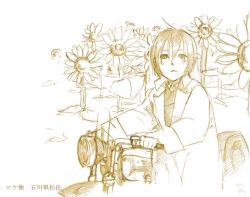 Rule 34 | 00s, 1girl, androgynous, brown theme, flower, hermes (kino no tabi), kino (kino no tabi), kino no tabi, monochrome, motor vehicle, motorcycle, reverse trap, sketch, solo, sunflower, vehicle