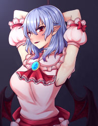 Rule 34 | 1girl, aged up, armpits, arms behind head, arms up, ascot, bat wings, blue background, blue hair, blush, brooch, commentary, detached sleeves, dress, fangs, frilled shirt collar, frills, gradient background, hair between eyes, highres, jewelry, lipstick, looking at viewer, makeup, no headwear, parted lips, pink dress, pointy ears, puffy short sleeves, puffy sleeves, red ascot, red eyes, red lips, red sash, remilia scarlet, rope, sash, short hair, short sleeves, sidelocks, solo, sweat, touhou, upper body, v-shaped eyebrows, wings, zellam