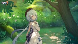 Rule 34 | 1girl, ahoge, beret, black headwear, blue hair, blue ribbon, chinese commentary, closed mouth, day, dress, flower, grass, griseo, griseo (starry impression), hand on own chest, hat, highres, honkai (series), honkai impact 3rd, logo, long hair, looking at viewer, official art, official wallpaper, outdoors, purple eyes, ribbon, single bare arm, standing, tree, white dress, white flower