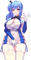 Rule 34 | ahoge, azur lane, blue hair, blush, bomb hair ornament, breasts, cleavage, covered navel, dress, garter straps, groin, heart, highres, large breasts, licking lips, long hair, microdress, ok sign, piao mao, pink eyes, pixel art, sexually suggestive, side ponytail, side slit, skindentation, smile, st. louis (azur lane), thick thighs, thighhighs, thighs, tongue, tongue out, v, white thighhighs, zettai ryouiki